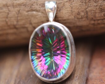 Large Mystic Topaz Pendant Double Bezel Set in Solid Sterling Silver, Handmade Concave Cut, Purple-Green-Teal Sparkle, November Birthstone