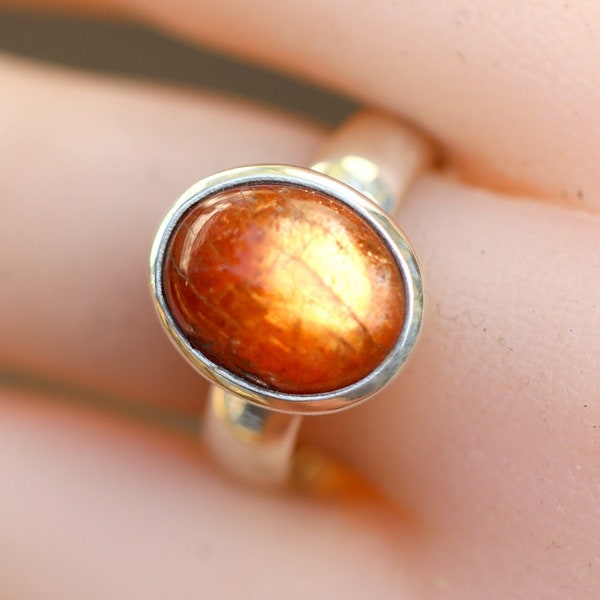 Fiery Orange Natural Sunstone Ring, Bright Fire, Size 9.25 Handmade Solid Sterling Silver, Tapered 5 mm Band Flat Fit, Men's Unisex