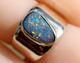 Blue & Orange Australian Fire Opal Ring, Solid Sterling Silver, Wide Band Ring,  High Quality Natural Opal Doublet