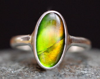 Hell grün & Orange Ammolite-Ring, Größe 10, Qualität Sterlingsilber, Top Grade Edelstein, versteinerter Ammonit Shell, seltene Alberta, Korito