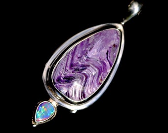 Charoite & Australian Fire Opal Pendant, Handmade Solid Sterling Silver, Chatoyant Purple and Brilliant Blue, High Grade Selected Gemstones