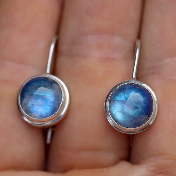 Round Blue Rainbow Moonstone Earrings, Short Drop Hook, Latch Back Closures, Solid Sterling Silver, Rare Top Quality Blue Moonstone