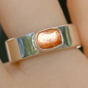Sunstone Ring Handcrafted Sterling Silver, Size 9, Top Quality Bright Fire Select Stone, Wide Thick Band, Rounded Comfort Fit, Unisex