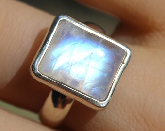 Rectangle Clear Bright Blue Rainbow Moonstone Ring Size 9.75, Handcrafted Solid Sterling Silver, High Quality Select Moonstone