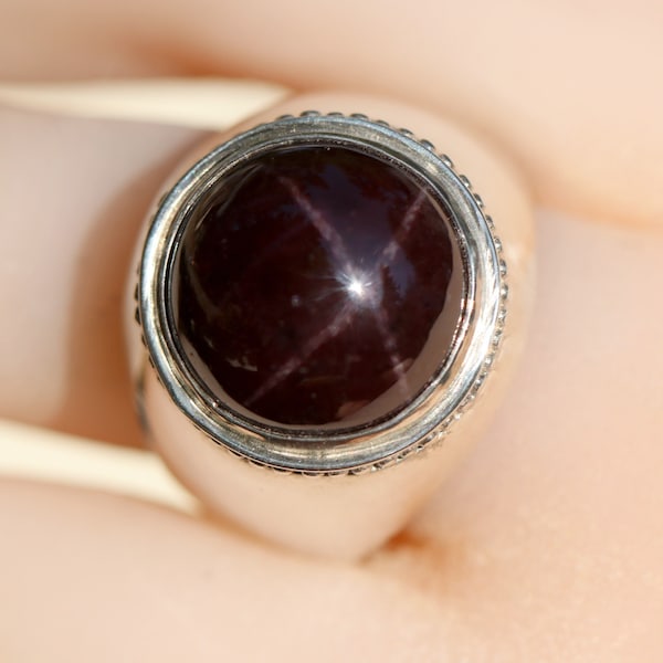 Round Star Garnet Ring, Size 10, Smooth Rounded Fit, Sterling Silver, Rare Garnet, Dark Red stone, For Him & Her, January Birthstone