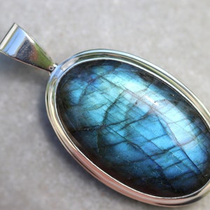 Long Oval Dark Blue Labradorite Pendant In Handcrafted Sterling Silver, Top Quality Blue Labradorite, High Grade Selection
