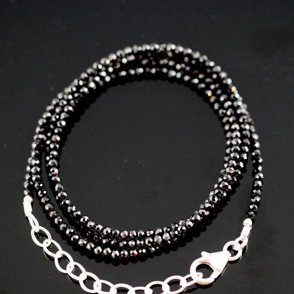 Multi Wear 2mm  Black Spinel Necklace Chain/ Wrap Bracelet,  Sterling Silver Findings, Bright Mirror Black Sparkle, Adjustable Length