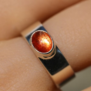 Thick Silver Sunstone Ring, Top Quality Bright Fire, Wide Band Handmade Solid Sterling Silver, Rounded Comfort Fit, Women&#39;s Men&#39;s Unisex