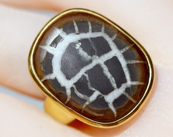 Squoval Shape Septarian Nodule Ring In Sterling Silver & Gold Vermeil, Adjustable Size 10, Handmade Bezel Set, Unique Natural Stone