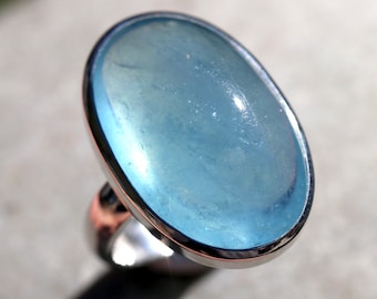 Large Deep Blue Aquamarine Ring, Size 8, Solid Sterling Silver Bezel Set, High Grade Natural Stone