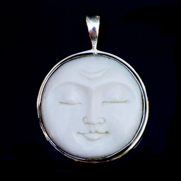 White Moon Face Pendant Cameo Solid Sterling Silver Setting, Handmade Bone Carving, Peaceful Meditation Goddess Bali Face, 28 mm Round