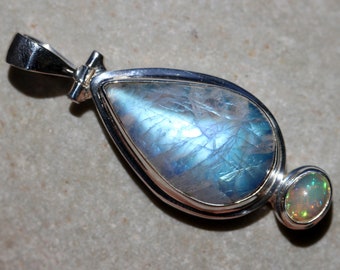 Blue Rainbow Moonstone & Ethiopian Welo Opal Pendant set in Nickel Free Sterling Silver, High Quality Gemstone Jewelry