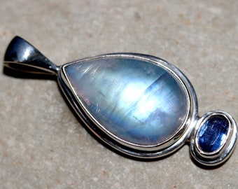 Bright Blue Rainbow Moonstone and Gem Grade Kyanite Pendant