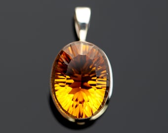 Bright Oval Starburst Concave Cut Citrine Pendant, Bezel Set Solid Sterling Silver, Semi Precious Yellow Citrine Quartz, Top Quality