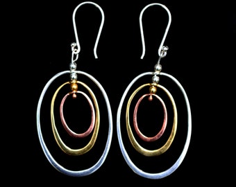 Free Spinning Hoops, Three Tone Silver, Gold, Rose Gold Hanging Hoop Earrings in Sterling Silver, Gold Plated, Short Shepherd's Hook