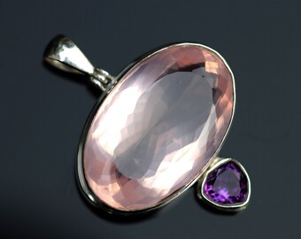 Large Rose Quartz & Amethyst Pendant, Handcrafted Sterling Silver, Hinged Bale, Hand Faceted High Quality Natural Stones, Healing Love Stone