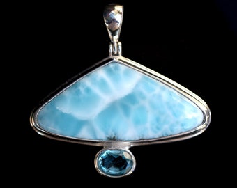 Larimar & Blue Toapz Pendant, High Quality Blue Turtle Back Pattern, 925 Sterling Silver, Dominican Republic Stone, Hinged Bale