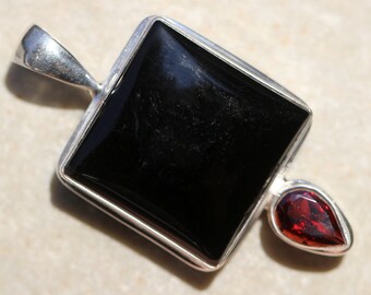 Black Onyx & Wine Garnet Pendant, Handmade 925 Sterling Silver Setting, Black and Red, Talisman Slider Hanger, Authentic Natural Stones