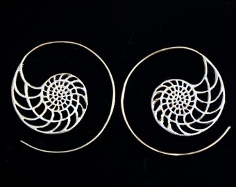May include: A pair of silver hoop earrings with a nautilus shell design. The earrings are made of thin wire and have a spiral shape.