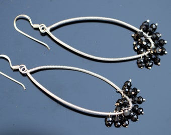 Black Spinel Earrings, Solid Sterling Silver, Nickel Free Hypoallergenic, Long Dangle Hoop Earrings, Natural Gemstone Earrings