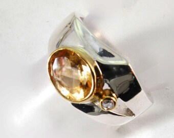 Citrine Ring and clear Topaz set in Fine Sterling Silver with gold vermeil trim, Gemstone Rings,