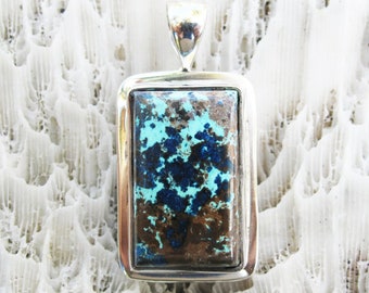 Small Azurite - Chrysocolla - Hematite Pendant set in Nickel Free Silver, Natural Gemstone Jewelry, Bezel Settings, Unique Gemstone