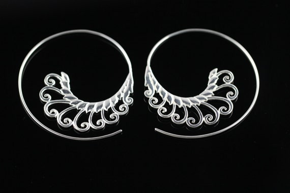 Silver Plated Brass Spiral Earrings, Lightweight Hoop Earrings for Regular Pierced Ears, Ornate Ethnic Design