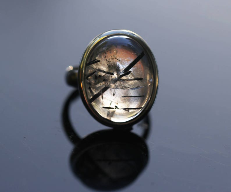 Oval turmalinkvartsring, storlek 7.25, svart turmalinring, svart rutilkvarts, svart Schorl bild 3