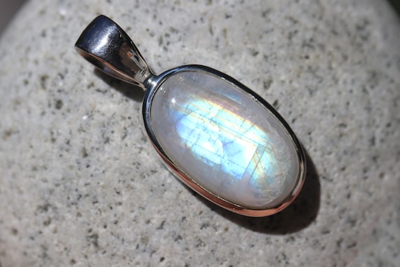 Small Natural Blue-White Rainbow Moonstone Pendant Bezel Set Solid Sterling Silver, Semi Precious Gemstone Jewelry, Blue Flash Moonstone