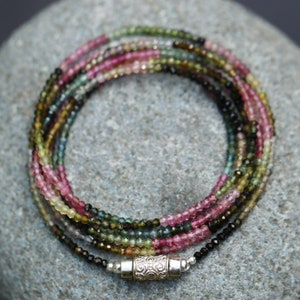 Long Tourmaline Multi Wear Necklace/Double Necklace-Wrap Bracelet 2.5 mm Micro Facet Cut Beads, Sterling Silver Clasp  43&quot;-110 cm