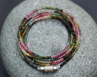 Long Tourmaline Multi Wear Necklace/Double Necklace-Wrap Bracelet 2.5 mm Micro Facet Cut Beads, Sterling Silver Clasp  43"-110 cm