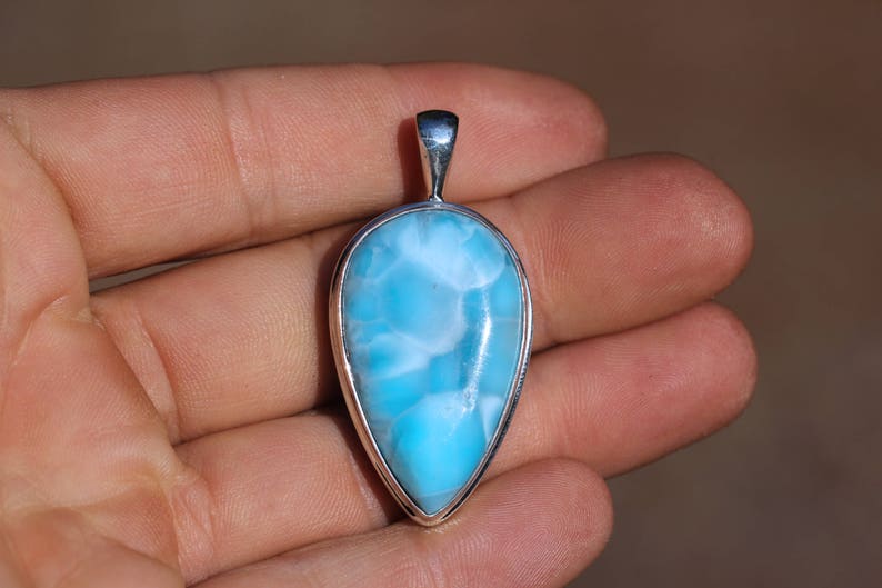 Medium Blue Larimar Pendant Solid Sterling Silver, Bezel Set Gemstone Pendant, Dominican Republic Stone, Turtle Back Pattern image 6