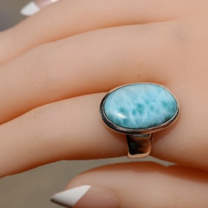 Small Oval Larimar Ring In Sterling Silver, Adjustable Size, Handmade Bezel Set, Rare Dominican Republic Stone, Natural Blue Caribbean Color image 3