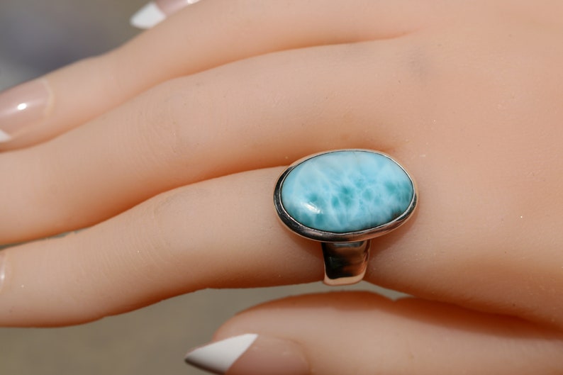 Small Oval Larimar Ring In Sterling Silver, Adjustable Size, Handmade Bezel Set, Rare Dominican Republic Stone, Natural Blue Caribbean Color image 3