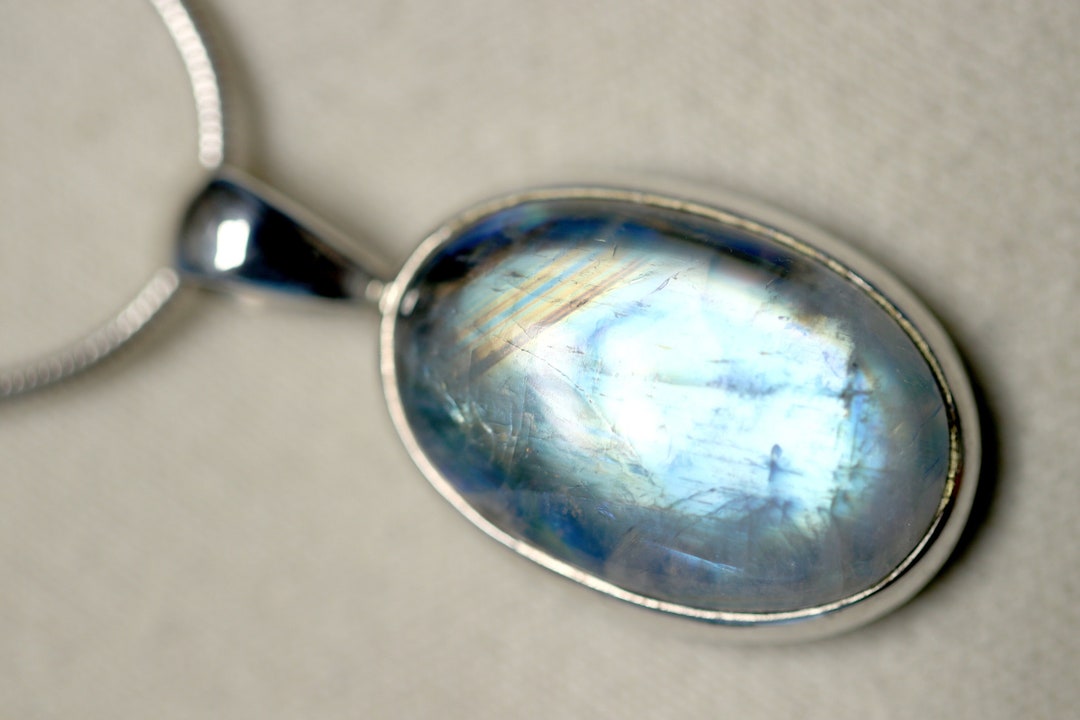 Blue Banded Oval Rainbow Moonstone Pendant, 925 Sterling Silver Setting ...