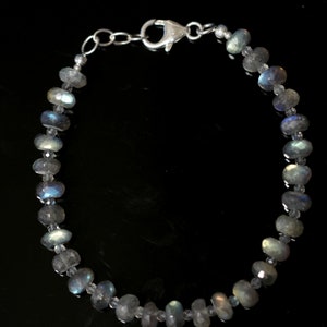 Faceted Labradorite Bead Bracelet, Adjustable 7.5-8&quot; Size, Alternating 8 & 2 mm Beads Sterling Silver Findings, Natural Stones, High Quality