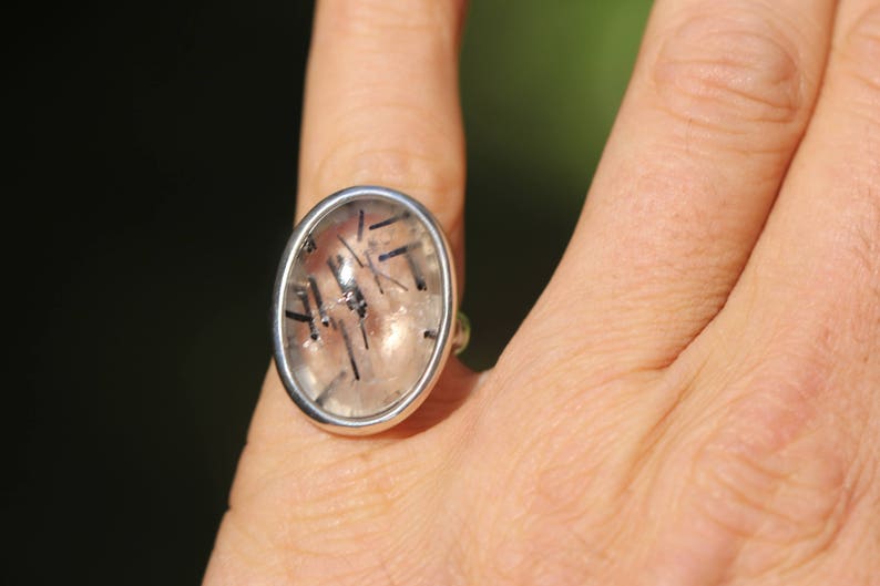 Large Oval Tourmalated Quartz Ring, Size 7, Black Tourmaline Ring, Black Rutile Rutilated Quartz, Black Schorl image 5