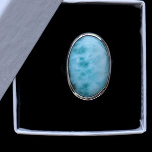 Small Oval Larimar Ring In Sterling Silver, Adjustable Size, Handmade Bezel Set, Rare Dominican Republic Stone, Natural Blue Caribbean Color image 2