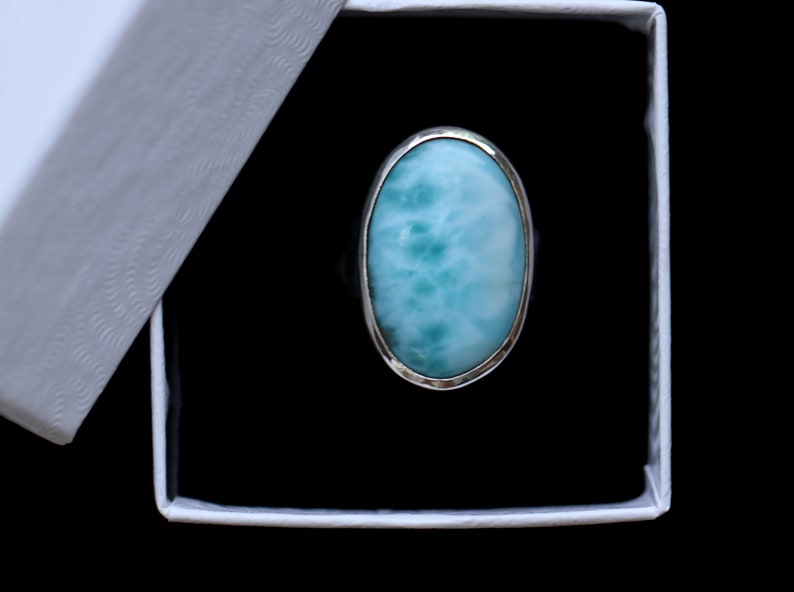 Small Oval Larimar Ring In Sterling Silver, Adjustable Size, Handmade Bezel Set, Rare Dominican Republic Stone, Natural Blue Caribbean Color image 2