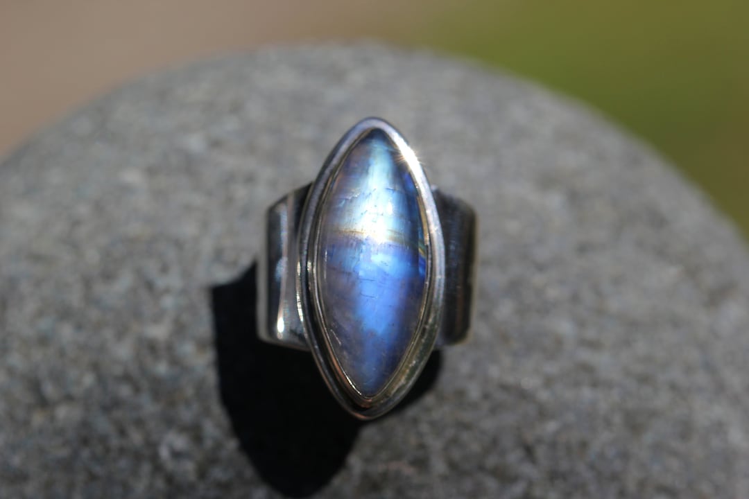Long Marquee Rainbow Moonstone Wide Band Ring, Size 10, Bezel Set in ...