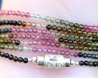Smooth Cut Long Tourmaline Multi Wear Necklace/Double Necklace-Wrap Bracelet 2.5 mm Beads, Sterling Silver Clasp  43"-110 cm