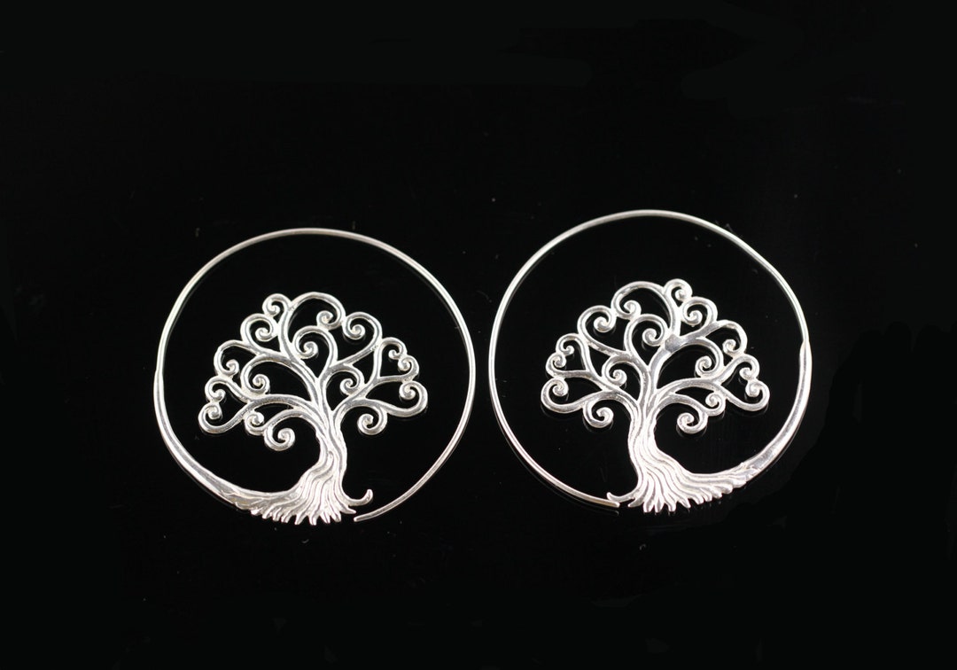 Silver Plated Brass Tree of Life Spiral Earrings, Lightweight Boho Hoop ...