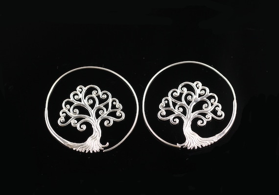 Silver Plated Brass Tree Of Life Spiral Earrings, Lightweight Boho Hoop Earrings for Regular Pierced Ears, Ornate Boho Design