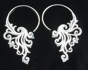 Long Solid Sterling Silver Spiral Earrings,  Lightweight Hook Earrings, Nickel Free Silver, Batik Pattern