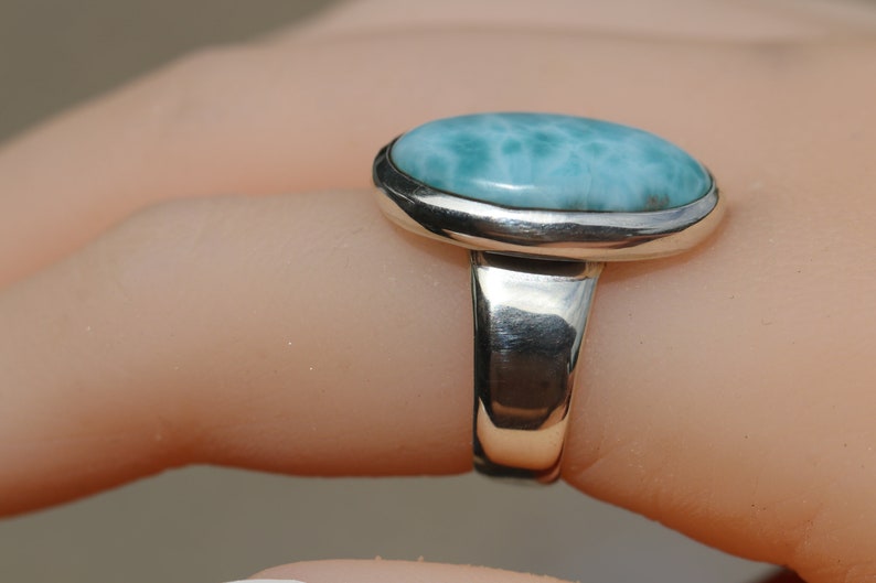 Small Oval Larimar Ring In Sterling Silver, Adjustable Size, Handmade Bezel Set, Rare Dominican Republic Stone, Natural Blue Caribbean Color image 4