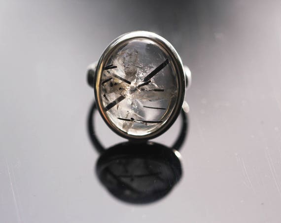 Oval Tourmalated Quartz Ring, Size 7.25, Black Tourmaline Ring, Black Rutile Rutilated Quartz, Black Schorl
