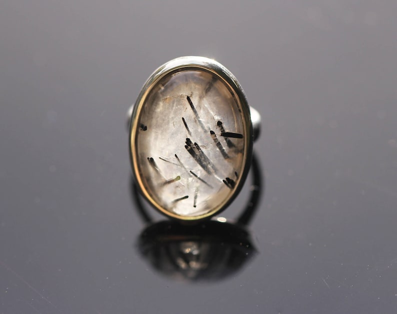 Large Oval Tourmalated Quartz Ring, Size 7, Black Tourmaline Ring, Black Rutile Rutilated Quartz, Black Schorl image 6