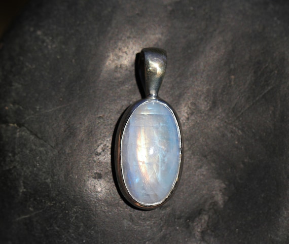 Small Oval Light Blue-White Rainbow Moonstone Pendant Bezel Set Solid Sterling Silver, Semi Precious Gemstone Jewelry, Blue Flash Moonstone