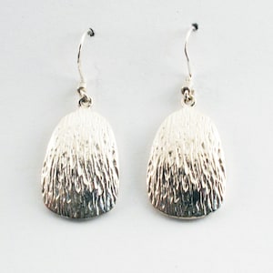 May include: A pair of silver dangle earrings with a textured, oval-shaped design.