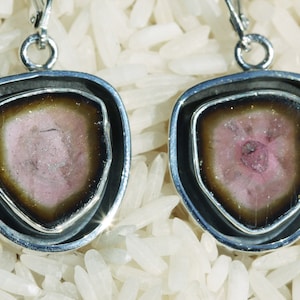 Light Pink & Green Watermelon Tourmaline Earrings, Solid Sterling Silver Shadow Box Design, Lever Back Closure, Natural Tourmaline Slices,